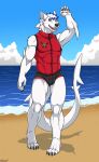  5_fingers absurd_res anthro barefoot beach bulge canid canine canis clothing cloud feet fin fingers fish fur hi_res hybrid male mammal marine nameless00 pink_eyes red_clothing red_topwear sea seaside shark sky solo standing swimwear topwear water white_body white_fur wolf 