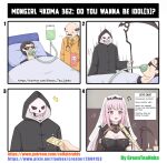  4koma absurd_res animated_skeleton bald blush bone breasts candle chat_box clothed clothing comic death_(personification) digital_media_(artwork) english_text facial_hair female fire flute greenteaneko grim_reaper group hair hi_res human livestream male mammal melee_weapon mori_calliope musical_instrument musical_note mustache necktie not_furry open_mouth pink_hair playing_music polearm red_eyes scythe skeleton skull_and_crossbones suit text toony undead url weapon wind_instrument woodwind_instrument 