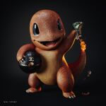  3d blue_eyes burning chanel charmander claws commentary english_commentary fang fangs fire galyosef gen_1_pokemon highres holding looking_at_viewer money open_mouth poke_ball pokemon realistic scales solo standing tagme 