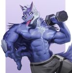  abs absurd_res anthro biceps blue_body blue_fur bottomwear canid canine canis clothing dumbbell fur hair hi_res long_tongue male mammal muscular muscular_anthro muscular_male nipples pecs simple_background solo tindalos_(tas) tokyo_afterschool_summoners tongue video_games vlw4zegrsgtsi6e weights wolf 
