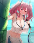  1girl absurdres azur_lane bangs bare_shoulders bbolalus blue_sky blush breasts bremerton_(azur_lane) bremerton_(scorching-hot_training)_(azur_lane) brick_wall cleavage closed_mouth cloud collarbone commentary cowboy_shot crop_top crop_top_overhang day eyebrows_visible_through_hair green_skirt grey_hair hair_between_eyes hair_intakes hair_ornament hairclip highres holding holding_racket huge_filesize korean_commentary large_breasts long_hair looking_at_viewer midriff multicolored_hair navel no_bra no_mole pink_eyes pink_hair racket see-through shirt sidelocks skirt sky sleeveless sleeveless_shirt solo sportswear standing streaked_hair tennis_racket tennis_uniform twintails two-tone_hair two-tone_skirt wet wet_clothes wet_shirt white_shirt white_skirt x_hair_ornament 