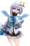  1girl :d amane_kanata angel angel_wings bangs blue_bow blue_hair blue_neckwear blush bow bowtie colored_inner_hair commentary_request dress eyebrows_visible_through_hair eyes_visible_through_hair feathered_wings grey_jacket hair_between_eyes halo hand_up head_tilt highres hololive jacket long_sleeves looking_at_viewer multicolored multicolored_eyes multicolored_hair open_mouth pink_eyes pink_hair purple_eyes shichi_(tarakochan-medo) shiny shiny_hair short_dress short_hair silver_hair simple_background sleeves_past_wrists smile solo standing star_halo thigh_gap two-tone_hair virtual_youtuber white_background white_dress white_wings wide_sleeves wings 