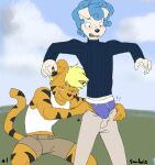  absurd_res anthro bulge canid canine canis charlie_(sunhuiz) clothed clothing domestic_dog duo embarrassed felid george_(sunhuiz) hi_res male male/male mammal outside pantherine pants_down partially_clothed pulling_pants_down sunhuiz tiger turtleneck_sweater underwear 