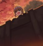  1girl :d a_grim_reminder bangs black_gloves blonde_hair blue_eyes bob_cut cloud cloudy_sky commentary eyebrows_visible_through_hair fang giant girls_und_panzer gloves highres katyusha_(girls_und_panzer) kimi_tsuru looking_at_viewer open_mouth orange_sky outdoors parody shingeki_no_kyojin short_hair skin_fang sky smile smirk solo wall 