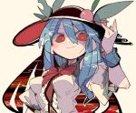  1girl black_headwear blue_hair bow bowtie breasts center_frills food frills fruit hair_between_eyes hand_on_headwear hand_up hat hat_ornament hinanawi_tenshi impossible_clothes impossible_shirt long_hair looking_at_viewer ma_sakasama medium_breasts patterned_hair peach red_eyes red_neckwear shirt short_sleeves simple_background smile solo touhou upper_body white_shirt wrist_cuffs 