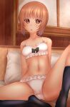  1girl arms_behind_back bangs bed black_legwear bow bow_bra bra breasts brown_eyes brown_hair butterfly_sitting commentary crotch_seam eyebrows_visible_through_hair frilled_bra frilled_panties frills girls_und_panzer highres indoors knee_up looking_at_viewer navel nishizumi_miho on_bed open_mouth panties pillow short_hair shounen_(hogehoge) sitting small_breasts socks solo sweatdrop underwear underwear_only white_bra white_panties 