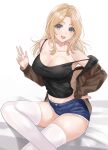  1girl bangs black_tank_top blonde_hair blue_eyes breasts brown_jacket cleavage collarbone crossed_legs denim denim_shorts eyebrows_visible_through_hair girls_und_panzer hand_on_hip highres jacket kay_(girls_und_panzer) large_breasts long_hair looking_at_viewer mexifime midriff navel off_shoulder open_mouth parted_bangs short_shorts shorts simple_background sitting solo strap_slip tank_top thighhighs w white_background white_legwear zipper 