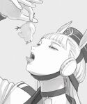  1girl animal animal_ears bangs bird blunt_bangs chick gold_ship_(umamusume) greyscale hat holding horse_ears horse_girl katsuoboshi long_hair monochrome open_mouth pillbox_hat simple_background solo tongue tongue_out umamusume 