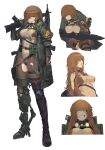  1girl absurdres alternate_hair_length alternate_hairstyle amputee assault_rifle breast_strap breasts brown_bodysuit brown_eyes brown_hair chest_strap cigarette cleavage crazy_smile explosive finger_on_trigger full_body goggles goggles_around_neck grenade grenade_pin grey_eyes grin gun hair_over_one_eye heterochromia highres holding holding_grenade holding_gun holding_weapon large_breasts last_origin leotard long_hair looking_at_viewer military_operator multiple_views night_vision_device prosthesis prosthetic_leg pump_(iklee321) rifle scar scar_on_face simple_background smile smoking solo t-2_brownie torn_clothes weapon white_background 