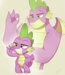  aged_up child dragon drtuo friendship_is_magic gesture green_eyes hasbro hi_res male muscular muscular_male my_little_pony ok_sign simple_background slightly_chubby smile spike_(mlp) wings yellow_background young 