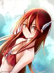  1girl bangs bare_shoulders bikini blue_sky clear_glass_(mildmild1311) collarbone cordelia_(fire_emblem) fire_emblem fire_emblem_awakening fire_emblem_heroes hair_between_eyes highres long_hair looking_at_viewer navel red_eyes red_hair sky smile solo swimsuit swimwear twitter_username very_long_hair wing_hair_ornament 