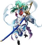  1girl angelina_(langrisser) aqua_hair backless_kimono breasts brown_eyes floating_hair full_body hair_ornament highres holding holding_sheath japanese_clothes katana kimono langrisser langrisser_iv langrisser_mobile large_breasts long_hair long_sleeves looking_at_viewer looking_back obi official_art ponytail sash sheath sheathed shiny shiny_hair sideboob solo sword toeless_legwear transparent_background very_long_hair weapon white_kimono white_legwear wide_sleeves 