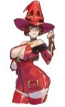  1girl black_hair breasts choker cleavage dress guilty_gear hat heterochromia i-no large_breasts latex_dress mole o-ring o-ring_top red_dress red_headwear red_legwear short_hair thighhighs uncle_rabbit_ii witch_hat 