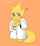  &lt;3 alphys anthro blush buckteeth clothed clothing coat english_text eyewear female front_view glasses hogaoftimes lab_coat lizard looking_aside looking_away looking_up pigeon_toed reptile scales scalie signature simple_background smile solo standing teeth text thick_tail topwear undertale video_games yellow_body yellow_eyes yellow_scales 