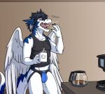  anthro beverage black_clothing black_hair bulge clei clothing coffee coffee_mug dragon feathered_dragon feathers hair jockstrap male nameless00 open_mouth shirt solo tank_top topwear underwear white_body white_feathers windragon wings 