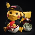  3d backwards_hat bitcoin black_background closed_mouth commentary english_commentary fur galyosef gen_1_pokemon hat highres looking_at_viewer money orange_eyes pikachu poke_ball pokemon realistic simple_background sitting solo supreme tagme yellow_fur 