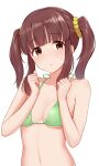  1girl :o bangs bare_arms bare_shoulders bikini blunt_bangs blush breasts brown_eyes brown_hair clenched_hands collarbone commentary eyebrows_visible_through_hair green_bikini hair_ornament hair_scrunchie halter_top halterneck hands_up head_tilt idolmaster idolmaster_cinderella_girls long_hair looking_at_viewer medium_breasts navel ogata_chieri parted_lips scrunchie sidelocks simple_background solo stomach string_bikini sweatdrop swimsuit tomajiyama twintails underboob upper_body white_background yellow_scrunchie 