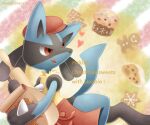  :q apron bag cake character_name christmas commentary_request food gen_4_pokemon hat holding looking_back lucario paper_bag pokemon pokemon_(creature) red_eyes red_headwear rolling_pin sasabunecafe solo spikes tongue tongue_out waist_apron yellow_fur 