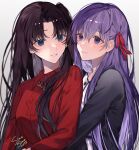 2girls bangs black_hair black_jacket blue_eyes collared_shirt commentary_request eyebrows_visible_through_hair fate/stay_night fate_(series) hair_ribbon highres hug hug_from_behind jacket jewelry long_hair long_sleeves looking_at_another matou_sakura multiple_girls necklace parted_bangs parted_lips pendant purple_eyes purple_hair red_ribbon red_shirt ribbon shimatori_(sanyyyy) shirt simple_background smile tohsaka_rin upper_body white_background white_shirt 