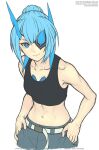  1girl abs armor blue_eyes blue_hair blush eyepatch gofelem horns long_hair looking_at_viewer short_hair simple_background single_horn smile tank_top theory_(xenoblade) white_background xenoblade_chronicles_(series) xenoblade_chronicles_2 