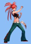  1girl absurdres arm_up bangs bare_arms bare_shoulders belt blue_background cirenk commission crop_top cropped_shirt denim flannery_(pokemon) gym_leader hand_up highres holding holding_poke_ball impossible_hair jeans lips long_hair looking_at_viewer midriff navel open_mouth pants parted_bangs poke_ball poke_ball_(basic) pokemon pokemon_(game) pokemon_oras pose red_eyes red_hair shirt shoes simple_background sleeveless sleeveless_shirt smile solo stomach tied_shirt v-shaped_eyebrows 