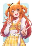  1girl :d absurdres animal_ears blue_background breasts commentary_request double_v eyebrows_visible_through_hair highres horse_ears horse_girl jewelry long_hair long_sleeves looking_at_viewer mayano_top_gun_(umamusume) mikan_(chipstar182) open_mouth orange_hair pendant small_breasts smile solo two-tone_background two_side_up umamusume upper_body v white_background yellow_eyes 
