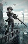  1girl balcony bangs belt bird black_gloves black_hair black_pants building business_suit city formal from_side gloves gun highres original pants rifle shirt short_hair sniper_rifle solo suit swav tokyo_(city) tokyo_tower weapon 