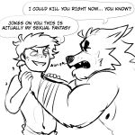  anthro arm_wraps asphyxiation blush caelan_(far_beyond_the_world) canid canine canis choking duo fangs far_beyond_the_world_(series) hi_res human humor male male/male mammal muscular muscular_male nipples sketch slim video_games visual_novel vulgor_(far_beyond_the_world) wild_tapioca wolf wraps 