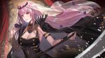  1girl black_cape black_dress black_nails breasts cape cleavage deras dress flower highres holding holding_scythe hololive hololive_english long_hair looking_at_viewer mori_calliope pink_eyes pink_hair purple_flower purple_rose rose scythe see-through skull skull_pile smile solo spikes veil 