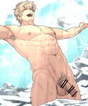 1boy :d abs arima_(arima_bn) armpit_hair armpits bar_censor bara blonde_hair censored completely_nude fate/extra fate/grand_order fate_(series) flaccid gawain_(fate) groin highres large_pectorals male_focus male_pubic_hair muscular muscular_male navel nipples nude open_mouth outstretched_arms pectorals penis pubic_hair short_hair smile snow solo spread_arms stomach testicles thick_thighs thighs veins veiny_penis 