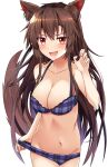  1girl :d animal_ear_fluff animal_ears bangs bare_arms bare_shoulders bikini bikini_pull blue_bikini blush breasts brown_hair cleavage clothes_pull collarbone commentary_request cowboy_shot drooling duplicate e.o. eyebrows_visible_through_hair groin hand_up highres imaizumi_kagerou large_breasts long_hair looking_at_viewer navel open_mouth plaid plaid_bikini red_eyes saliva simple_background smile solo standing stomach swimsuit tail touhou very_long_hair white_background wolf_ears wolf_tail 