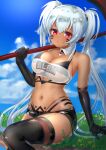  1girl absurdres alabama_(azur_lane) areola_slip areolae arm_support armpits asakura_(float_flood) azur_lane bangs bare_shoulders bikini black_bikini black_gloves black_legwear blue_sky body_markings breasts cleavage clothes_writing cloud commentary_request cowboy_shot dark_skin dark_skinned_female day detached_collar elbow_gloves eyebrows_visible_through_hair facial_mark gloves hair_between_eyes highleg highleg_bikini highres holding holding_scythe large_breasts long_hair looking_at_viewer midriff navel over_shoulder parted_lips pond red_eyes scythe see-through short_shorts shorts sidelocks sitting skindentation sky solo strapless swimsuit thighhighs tubetop twintails very_long_hair water weapon weapon_over_shoulder wet wet_clothes white_hair 