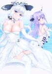  2girls azur_lane backless_dress backless_outfit bare_shoulders black_ribbon blue_eyes breasts cloud dress elbow_gloves garter_straps gloves hair_ribbon hat highres holding holding_toy illustrious_(azur_lane) kcc_(tanimahimeyuri) lace-trimmed_dress lace-trimmed_headwear lace_trim large_breasts long_hair looking_at_viewer looking_to_the_side multiple_girls ocean purple_eyes purple_hair ribbon see-through_dress skirt_hold sleeveless sleeveless_dress solo strapless strapless_dress stuffed_animal stuffed_toy stuffed_unicorn sun_hat thighhighs toy tress_ribbon two-tone_headwear unicorn_(azur_lane) water white_dress white_gloves white_hair white_headwear white_legwear 