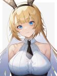  1girl absurdres animal_ears astoria_(azur_lane) astoria_(black_bunny_carnival)_(azur_lane) azur_lane bangs bare_shoulders black_neckwear blonde_hair blue_eyes blunt_bangs breasts bunny_ears closed_mouth collarbone eyebrows_visible_through_hair fake_animal_ears grey_background highres kabi_(zcwd8845) large_breasts light_smile long_hair looking_at_viewer necktie solo upper_body 