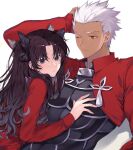  1boy 1girl archer_(fate) black_bow black_hair black_ribbon blue_eyes blush bow brown_eyes closed_mouth commentary_request couple covered_abs dark_skin dark_skinned_male fate/stay_night fate_(series) hair_ribbon hand_in_hair hand_up highres long_hair long_sleeves looking_at_viewer one_eye_closed red_eyes red_shirt ribbon shimatori_(sanyyyy) shirt short_hair silver_hair simple_background sweatdrop tohsaka_rin two_side_up upper_body white_background white_hair 