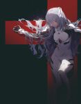  1girl alternate_hair_length alternate_hairstyle ayanami_rei bandage_over_one_eye bangs black_background blue_hair bodysuit cross crucifixion evangelion:_3.0+1.0_thrice_upon_a_time fajyobore hair_over_one_eye long_hair neon_genesis_evangelion parted_lips plugsuit rebuild_of_evangelion red_eyes simple_background solo thigh_gap very_long_hair white_bodysuit 