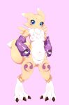  2021 3_fingers 3_toes :3 anthro areola armwear black_nose black_sclera blue_eyes blush bottomless breasts bridal_gauntlets canid canine chest_tuft claws clothed clothing digimon digimon_(species) elbow_gloves eyelashes feet female fingers fur genitals gloves gloves_only handwear handwear_only hi_res leisure_bug looking_at_viewer mammal markings mostly_nude multicolored_body multicolored_fur navel neck_tuft nipples pink_background pink_nipples purple_markings pussy renamon simple_background smile solo standing toe_claws toes topless tuft white_body white_fur yellow_body yellow_fur yin_yang 