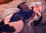  1girl animal_ear_fluff animal_ears bangs black_legwear blue_dress blush breasts bridal_gauntlets closed_eyes dress drunk eyebrows_visible_through_hair fox_ears hair_ornament highres indoors large_breasts long_hair lying nipples null_(nyanpyoun) on_bed open_mouth parted_bangs pelvic_curtain pillow ponytail see-through sidelocks silver_hair sleeping thighhighs touhoku_itako very_long_hair voiceroid wooden_floor 