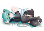  1girl aqua_hair aqua_neckwear bare_shoulders black_legwear black_skirt black_sleeves blue_eyes commentary detached_sleeves fetal_position full_body hair_ornament hatsune_miku hatsune_miku_(vocaloid4) highres long_hair looking_at_viewer lying miniskirt necktie nekoinu_bamboo on_side pleated_skirt shirt shoulder_tattoo skirt sleeveless sleeveless_shirt smile solo tattoo thighhighs twintails v4x very_long_hair vocaloid white_background white_shirt zettai_ryouiki 