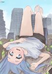  absurdres bare_legs barefoot blue_eyes blue_hair blush building city d3ere giant giantess highres lazy_eye legs_up long_hair looking_at_viewer loose_clothes loose_shirt lying on_back people road shirt shorts street thighs 
