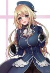  1girl atago_(kancolle) beret black_gloves blonde_hair blue_headwear breasts gloves grey_eyes hat highres kantai_collection large_breasts long_hair long_sleeves military military_uniform mizoredama1 pantyhose skirt solo uniform 