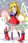  1girl :d bangs blonde_hair christmas dress full_body game_boy gift green_eyes green_ribbon hair_between_eyes hair_ribbon handheld_game_console heart heart-shaped_pupils highres holding holding_gift long_hair long_sleeves looking_at_viewer mega_man_(series) open_mouth ponytail red_dress red_skirt ribbon roll_(mega_man) sidelocks skirt sleeves_past_wrists smile snowman socks solo symbol-shaped_pupils tayashitsu upper_teeth 