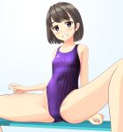  1girl absurdres bench black_hair blue_background blue_eyes breasts clothes_writing competition_swimsuit covered_navel grin highleg highleg_swimsuit highres logo looking_at_viewer mizuno mole mole_under_eye one-piece_swimsuit original purple_swimsuit short_hair sitting small_breasts smile solo spread_legs striped striped_swimsuit swimsuit takafumi 