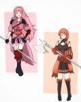  2girls :d axe breasts cosplay costume_switch fire_emblem fire_emblem:_three_houses full_body highres hilda_valentine_goneril holding holding_axe holding_spear holding_weapon large_breasts leonie_pinelli long_hair multiple_girls mumemo1443 open_mouth orange_eyes orange_hair pink_eyes pink_hair polearm short_shorts shorts smile spear weapon white_background 