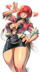 1girl breasts center_opening cleavage cross-laced_clothes dress fur_trim gerph hair_over_eyes hand_on_hip heart highres jacket large_breasts navel pink_jacket red_hair shermie_(kof) short_dress simple_background smile solo stomach the_king_of_fighters the_king_of_fighters_xv 