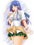  1girl akimoto_dai alternate_costume blue_hair breasts bubble_tea cardigan cardigan_around_waist cleavage clothes_around_waist commentary_request cowboy_shot dress_shirt drinking_straw green_skirt highres kantai_collection large_breasts long_hair looking_at_viewer multicolored multicolored_hair multicolored_nails nail_polish red_hair school_uniform shirt sipping skirt solo south_dakota_(kancolle) standing star_(symbol) tumbler twitter_username white_background white_hair white_shirt 