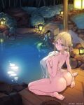  1girl ass bangs barefoot bath bathing blue_eyes breasts bucket closed_mouth covered_nipples covering elf highres holding holding_towel huge_breasts lantern naked_towel nude nude_cover onsen original pointy_ears rock see-through sitting smile tied_hair towel water water_spring white_towel wooden_bucket wooden_floor xiangzi_box 