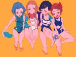  4girls absurdres bare_arms bare_legs bare_shoulders black_hair blue_eyes blue_hair blue_jacket blue_swimsuit blush_stickers buruma cleavage_cutout closed_eyes clothing_cutout collarbone from_above hair_bun hair_ornament hairclip highres jacket long_hair matumot multiple_girls navel one-piece_swimsuit one_eye_closed orange_background orange_hair original pentagram red_hair ripples shared_clothes short_hair sidelocks simple_background sitting stomach_cutout swimsuit tankini thigh_strap x_hair_ornament 