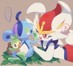  ... ? bright_pupils commentary_request drizzile gen_8_pokemon grookey izobe open_mouth pokemon pokemon_(creature) red_eyes scorbunny sitting spoken_ellipsis spoken_question_mark starter_pokemon tearing_up toes tongue tooth translation_request white_pupils 