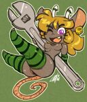  2021 adjustable_wrench anthro armwear blonde_hair breasts chalo chibi clothed clothing cute_fangs ear_piercing elbow_gloves female fingers fur gloves green_background grey_body grey_fur hair handwear holidays horn las_lindas legwear long_hair looking_at_viewer mammal mouse murid murine nipples one_eye_closed open_mouth piercing pupils purple_eyes rodent signature simple_background slit_pupils solo st._patrick&#039;s_day thick_thighs thigh_highs tools tootsie topless webcomic wrench 